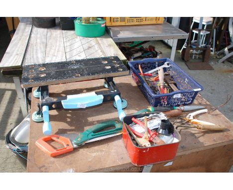 Tray of gardening hand tools etc and a small table top Workmate