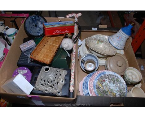 Two boxes of various china, empty Wade decanter, storage boxes, etc.,