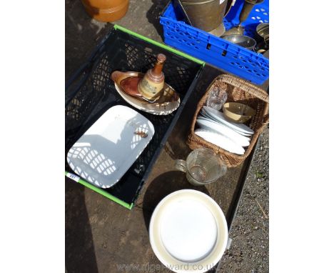 Crate of miscellaneous china including plates, Wade Bells Whisky decanter and wicker basket