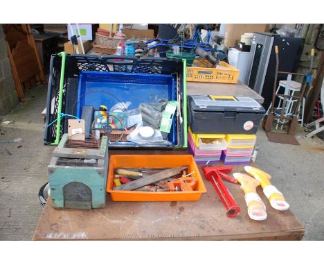 Tray of storage boxes, bird cage, files, tools etc