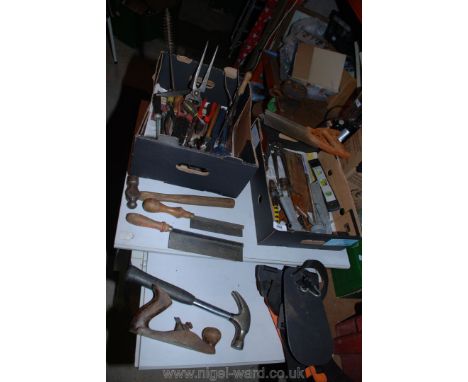 Two boxes of various tools, saws, chisels, pliers, etc.,