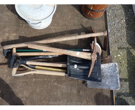 Quantity of lawn edging tools, shovel, picks etc