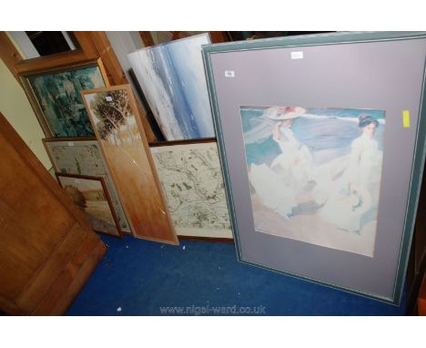 A large quantity of various pictures, a print, a framed map, etc.,