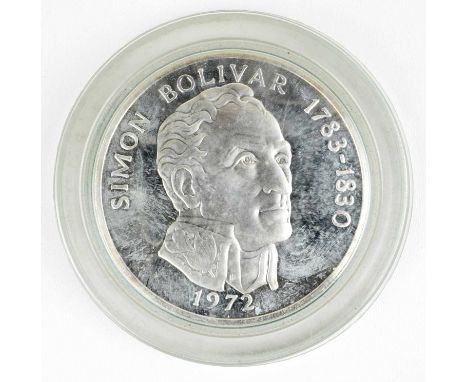 1972 Panama 20 Balboas Silver Proof Coin. 1972 Panama 20 Balboas Silver Proof Coin, with a portrait of Simón Bolívar on the r
