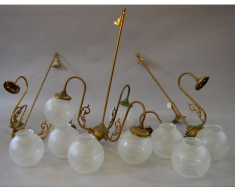 3 20th century three branch brass light fittings with 9 etched glass shades [COLLECTION ONLY]