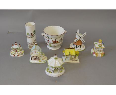 8 Coalport items to include cottages, windmills and two Hunting related items.