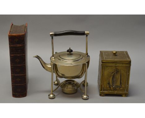 A Christopher Dresser style silver plated picnic kettle together with a brass cased tea caddy and "Electricity in The Service