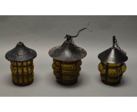 3 Early / Mid 20th century glass hanging lantern style light fittings