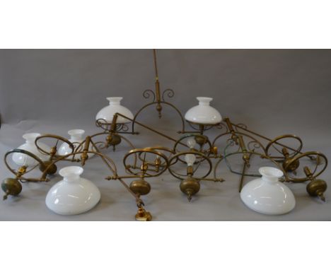 5 20th century two branch brass light fittings with 6 opaque glass shades [COLLECTION ONLY]