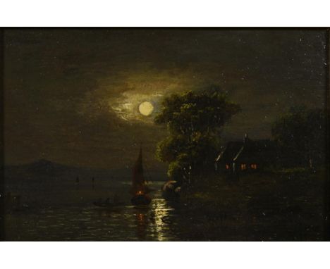             Undeutlich signiert: Vollmond über der KüsteÖl/Malkarton. Rechts unten undeutlich signiert. 2. H. 19. Jh. 21 x 31