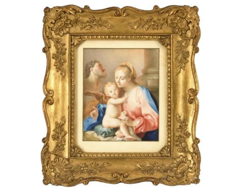 Barocke Miniatur: Heilige Familie. 17./18. Jh.             Aquarell, verglaster Goldrahmen mit feiner Stuckzier. 11 x 9 cm, R
