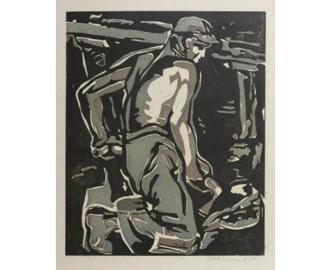                     KUHMICHEL,             Hermann(1898 Eiserfeld - 1965?)    BergarbeiterFarbholzschnitt. Bleistiftsignatur.