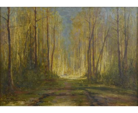             Undeutlich signiert: Lichte WaldlandschaftÖl/Malkarton. Links unten undeutlich signiert. Um 1900. Passepartoutaus
