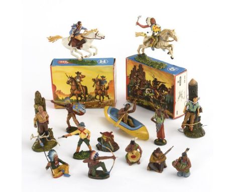 Konvolut Wild-West-Figuren. Elastolin, O. &amp; M. Hausser. Teils gemarkt.             Masse und Kunststoff, farbig bemalt. H