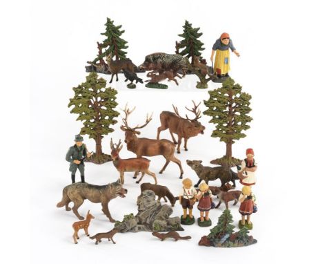 Konvolut Waldtiere, Bäume und 6 Märchenfiguren. Elastolin, O. &amp; M. Hausser. 14x gemarkt.             H 2 - 18 cm.        