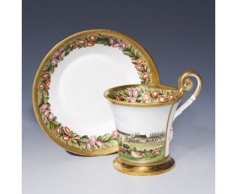 Ansichten-Tasse, Untertasse. Nymphenburg.             ø 13 cm, Höhe: 9 cm.             Form "Becher antik Nr. 11" mit hochgez