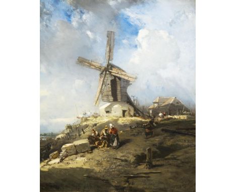                     LANDSCHAFTSMALER ZWEITE HÄLFTE 19. JAHRHUNDERT,     Landvolk vor einer WindmühleÖl auf Leinwand. Unsignie