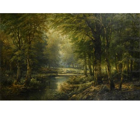             Große Waldlandschaft mit BachÖl/Leinwand. Links unten undeutlich signiert. Um 1900. 82 x 130 cm. Gerahmt : 96 x 1