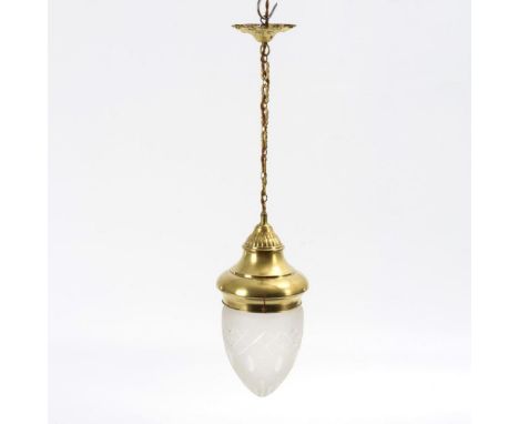 Jugendstil-Deckenlampe. Um 1910/20.             Messingblech, satiniertes Klarglas mit Kerbschliffdekor. L ca. 73 cm, Ø ca. 2