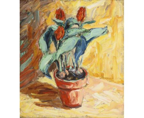             Unsigniert: TulpenÖl/Leinwand. Unsigniert. 1. H. 20. Jh. 49 x 44 cm. Gerahmt : 63 x 57 cm.             Expressiv 