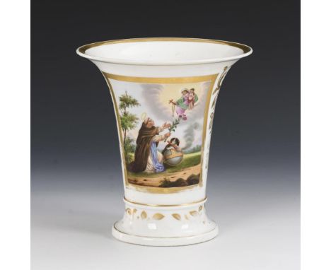 Kratervase mit Heiligenmotiv. Ungemarkt, um 1850.             Polychrom bemalt, goldstaffiert. H 22 cm.             Kratervas