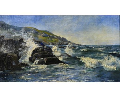             Sonnige Küste mit BrandungÖl/Leinwand. Unsigniert. Um 1900. 32,5 x 56 cm. Gerahmt : 39 x 63 cm (Berliner Leiste).
