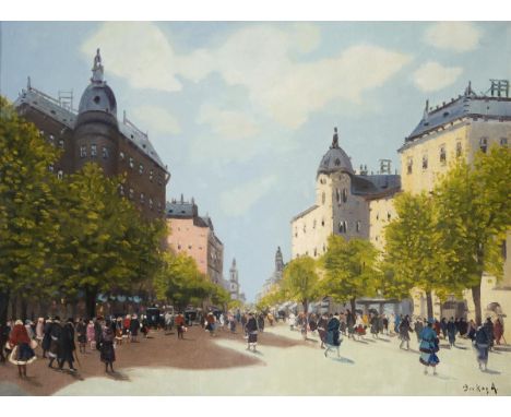                     BERKES,             Antal(1874 Budapest - 1938 Budapest)    Belebte Straße in BudapestÖl auf Leinwand. Si