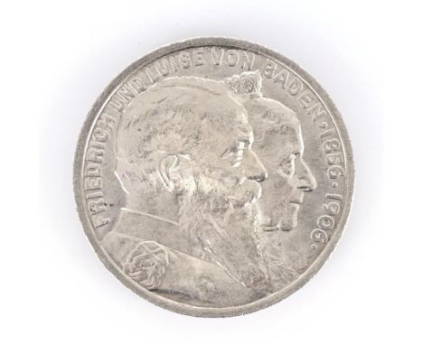 5 Mark - Baden, auf die goldene Hochzeit.             Silber. Ø 3,8 cm. 27,8 g.             "Friedrich und Luise von Baden 18