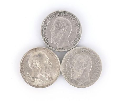 3x Baden je 2 Mark.             Silber. Ø 2,8 cm. Zusammen 33 g.             1888 und 1901, "Friedrich Großherzog von Baden",