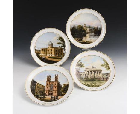4 Ansichten-Wandteller. KPM Berlin. Zeptermarke und schwarzer Reichsapfel.             Polychromes Druckdekor. Goldstaffage. 