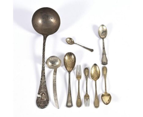 Konvolut 9 Teile Silberbesteck. Alle gepunzt, darunter 5x Bruckmann &amp; Söhne. Um 1900.             Silber und Sterlingsilb