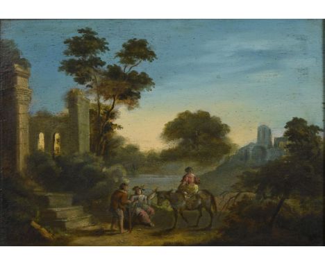             Tafelgemälde Ruinenlandschaft mit FigurenÖl/Holz. Unsigniert. 18. Jh. 19 x 26 cm. Gerahmt : 28 x 35 cm.          