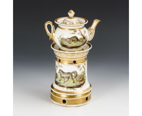 Teekännchen mit Stövchen. Faber. Pinselmarke, Frédérich-Theodor Faber, Brüssel, um 1820/30.             Polychrom bemalt, gol