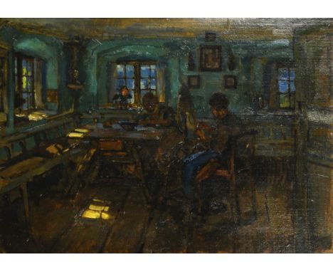                     HUMMEL,             Theodor(1864 Schliersee - 1939 München)    Interieur mit arbeitenden FrauenÖl/Malkart