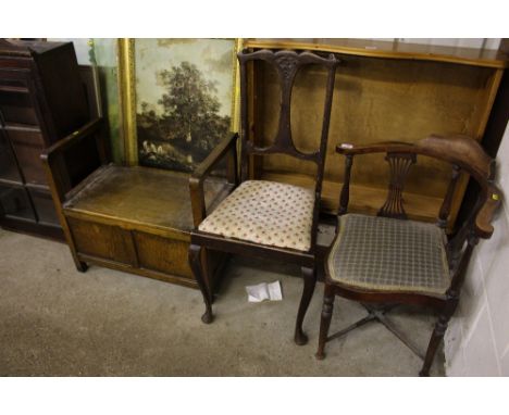 An Edwardian mahogany corner chair; an Edwardian dining chair and an oak monk's bench, AF