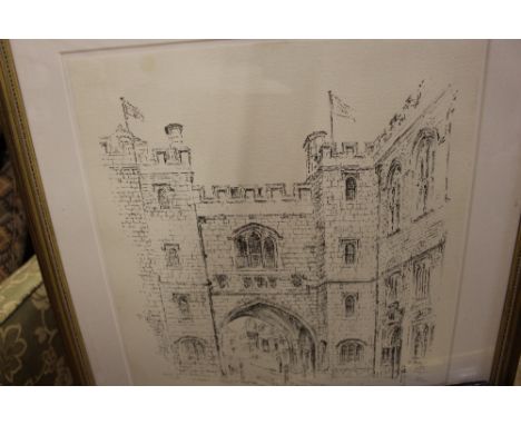 A pencil signed print depicting St John's Gate together with a pair of gilt framed prints of sailing boats; ships etc.