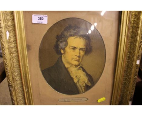 A gilt framed portrait print of Beethoven together with a quantity of various other pictures and prints