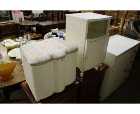A white painted loom stool with lift up top and a loom bedside cabinet