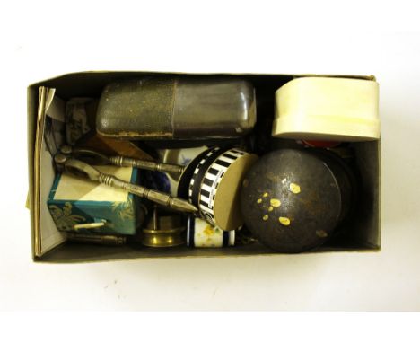 A box containing a pair of nutcrackers; a Chinese snuff bottle; an Oriental papier-mâché box and cover containing coinage and