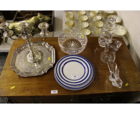 A silver plated three branch candelabra; a silver plated tray; various glassware; Cornishware plates etc.