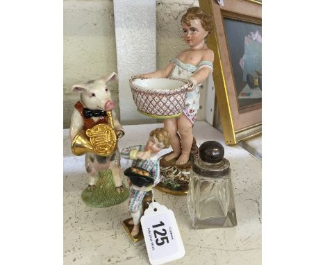 Two Continental Dresden style china figures modelled as Children together with a Beswick china model of a Pig and a glass sce