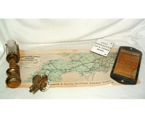 5 items of Railwayana/memoribillia - a Coach interior Brass Lamp, a Signal lever plate, a brass Toilet Door Vacant/Engaged si