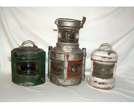 3 x 12V Vintage Nautical Navigation Lights - 2 with Single Lens and a triple lens Lamp. All are offered for restoration.