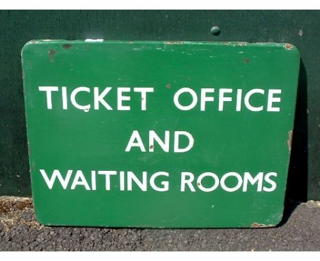 A BR(S) Green Sign 24in W x 18in H - TICKET OFFICE AND WAITING ROOMS - Rust to edges and some enamel chipping to front. Overa