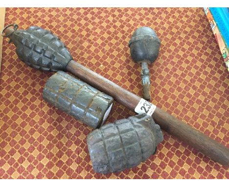 A French stick grenade together with three WWI hand grenades to include the No. 5 Mills Bomb, Kugl and Batty Bomb (all de-act