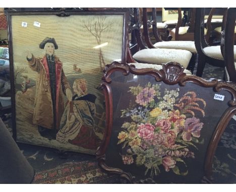 A 19th century mahogany pole screen with large tapestry panel, decorated with a Religious scene together with another framed 