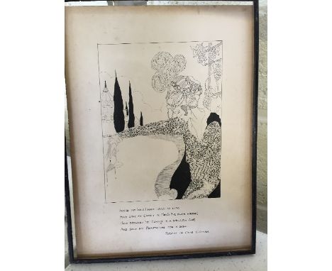 An early 20th century pen and ink sketch: Female figure with verse under from Rubaiyat of Omar Khayyam, signed and dated with