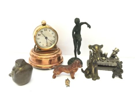 A brass and copper cased travelling clock together with a collection of various small metal ware items.