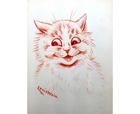 Louis William Wain: drawing watercolour in orange/red tones; Portrait of a Smiling Cat (contained in an early 20th century au