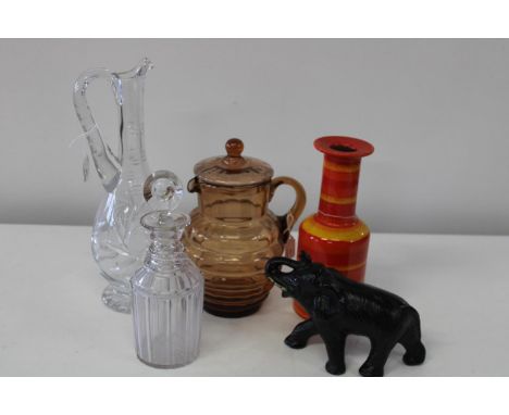 A shelf of collectables including a quality cut glass claret decanter 